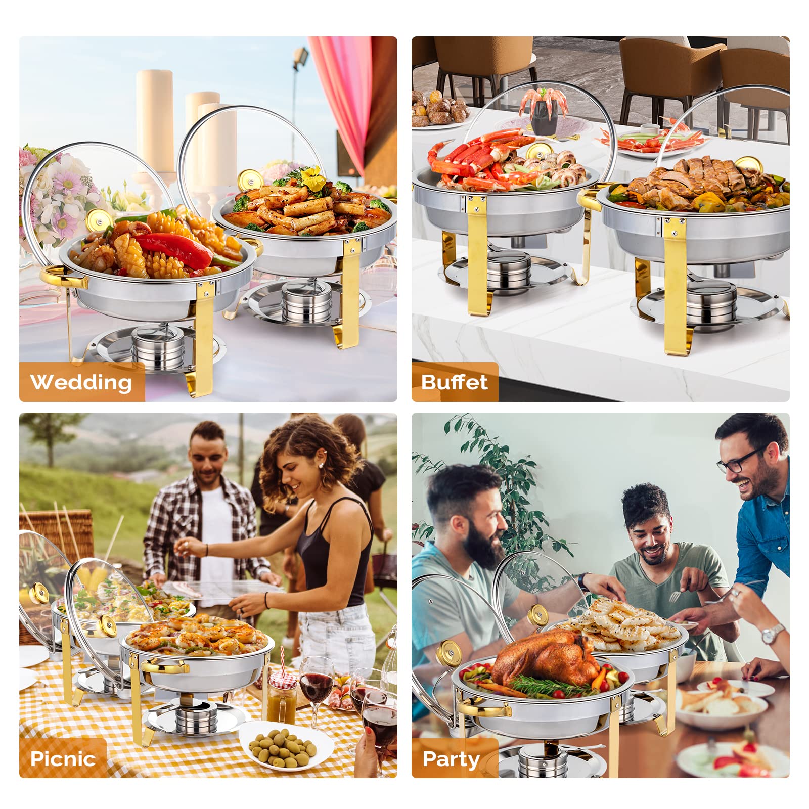 Conjunto de Prato de Buffet de Aço Inoxidável 5QT com Acento Dourado, NSF Redondo Aquecedor de Buffet Chafers e Conjuntos de Aquecedores de Buffet com Tampa de Vidro e Suporte de Tampa para Catering Eventos Festas Casamentos Jantares