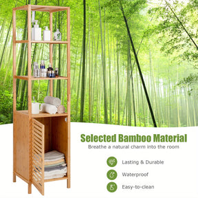 Torre de armazenamento de banheiro de bambu de 4 camadas Goplus com porta de ripas