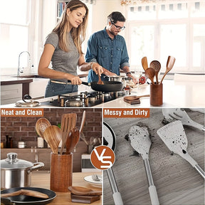 Conjunto de Utensílios de Cozinha de Madeira de Teca Natural com 9 Peças e Descanso de Colher - Pegador Confortável Colheres de Cozinha e Suporte de Utensílios