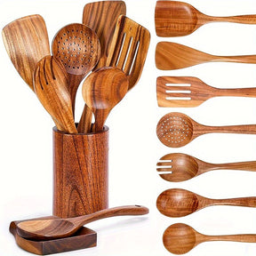 Conjunto de Utensílios de Cozinha de Madeira de Teca Natural com 9 Peças e Descanso de Colher - Pegador Confortável Colheres de Cozinha e Suporte de Utensílios