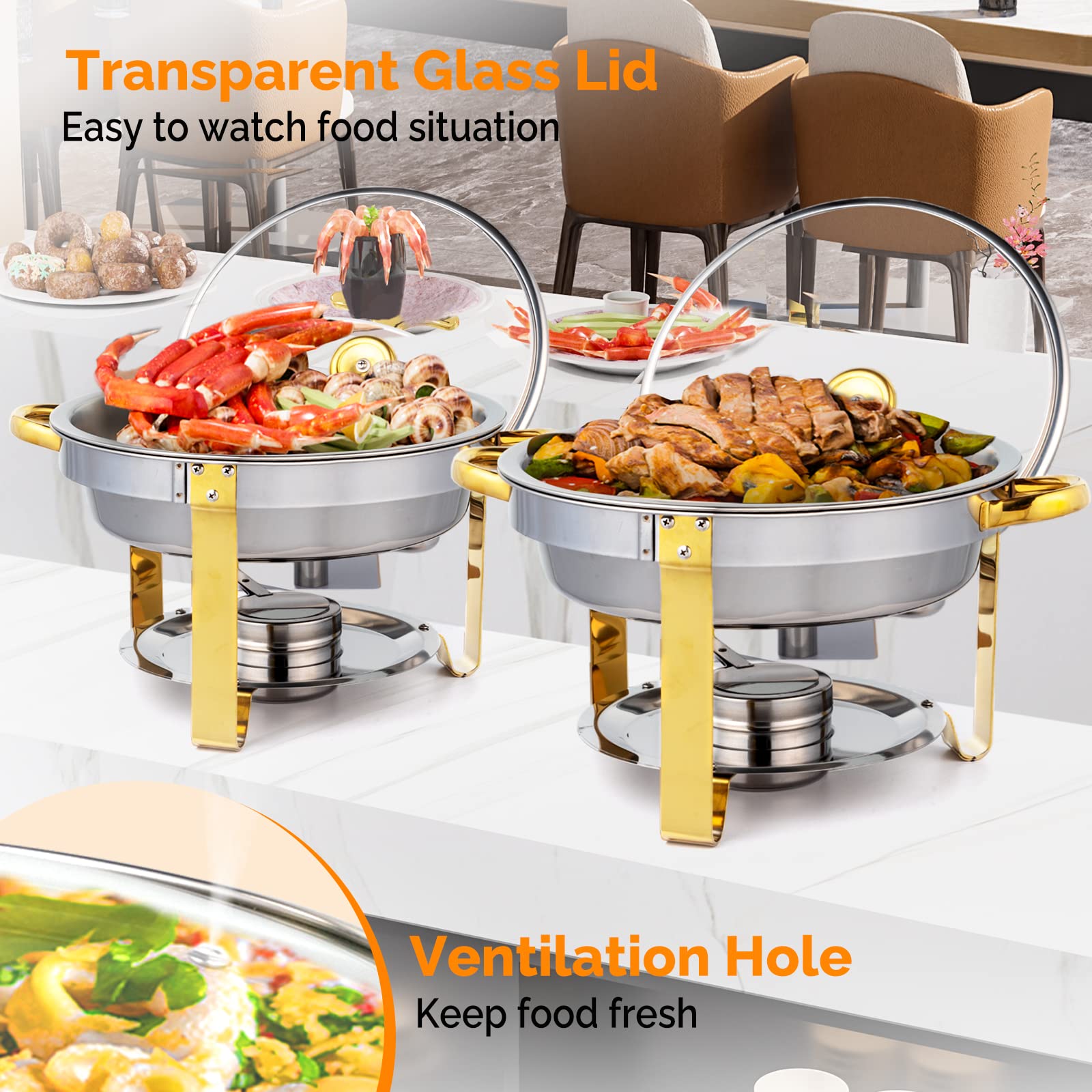 Conjunto de Prato de Buffet de Aço Inoxidável 5QT com Acento Dourado, NSF Redondo Aquecedor de Buffet Chafers e Conjuntos de Aquecedores de Buffet com Tampa de Vidro e Suporte de Tampa para Catering Eventos Festas Casamentos Jantares