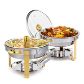 Conjunto de Prato de Buffet de Aço Inoxidável 5QT com Acento Dourado, NSF Redondo Aquecedor de Buffet Chafers e Conjuntos de Aquecedores de Buffet com Tampa de Vidro e Suporte de Tampa para Catering Eventos Festas Casamentos Jantares