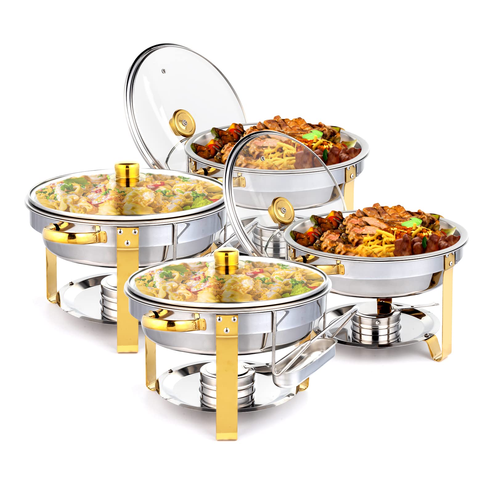 Conjunto de Prato de Buffet de Aço Inoxidável 5QT com Acento Dourado, NSF Redondo Aquecedor de Buffet Chafers e Conjuntos de Aquecedores de Buffet com Tampa de Vidro e Suporte de Tampa para Catering Eventos Festas Casamentos Jantares