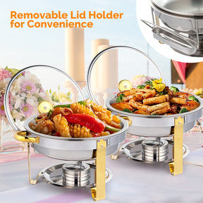 Conjunto de Prato de Buffet de Aço Inoxidável 5QT com Acento Dourado, NSF Redondo Aquecedor de Buffet Chafers e Conjuntos de Aquecedores de Buffet com Tampa de Vidro e Suporte de Tampa para Catering Eventos Festas Casamentos Jantares