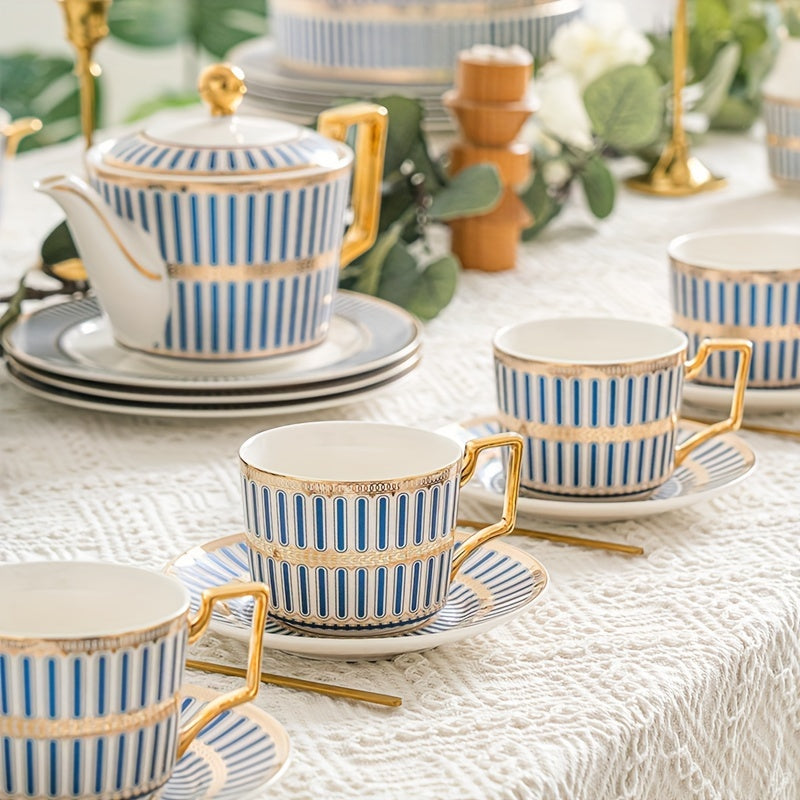 Conjunto de xícaras de chá de porcelana elegante da China com bule, açucareiro e leiteira para chá / café, presente para adultos, xícara de chá e pires de porcelana exquisita de platina esmaltada, colher dourada, caneca de cappuccino e café latte.