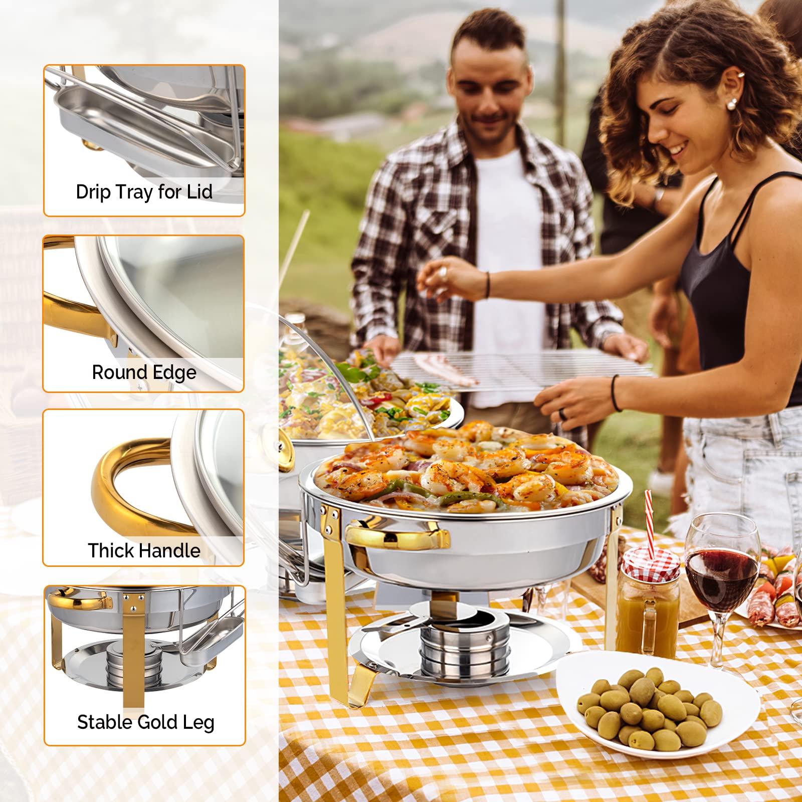 Conjunto de Prato de Buffet de Aço Inoxidável 5QT com Acento Dourado, NSF Redondo Aquecedor de Buffet Chafers e Conjuntos de Aquecedores de Buffet com Tampa de Vidro e Suporte de Tampa para Catering Eventos Festas Casamentos Jantares